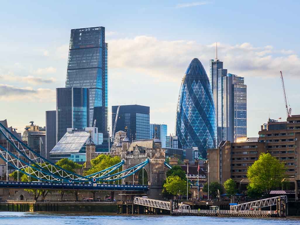 The London city skyline with tall buildings and a bridge