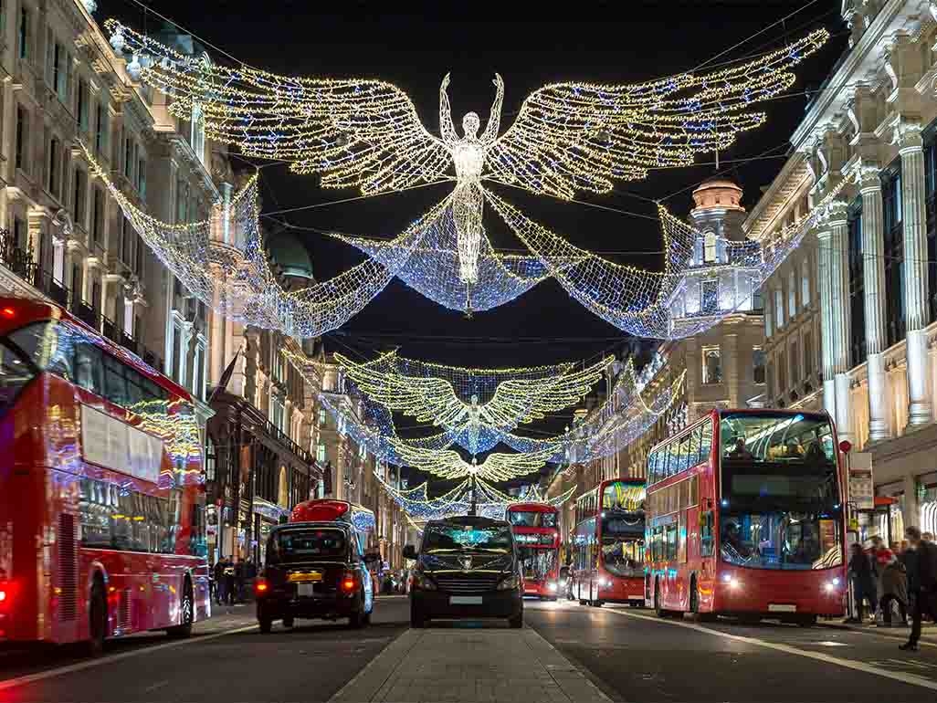 London at night time with angel Christmas lights