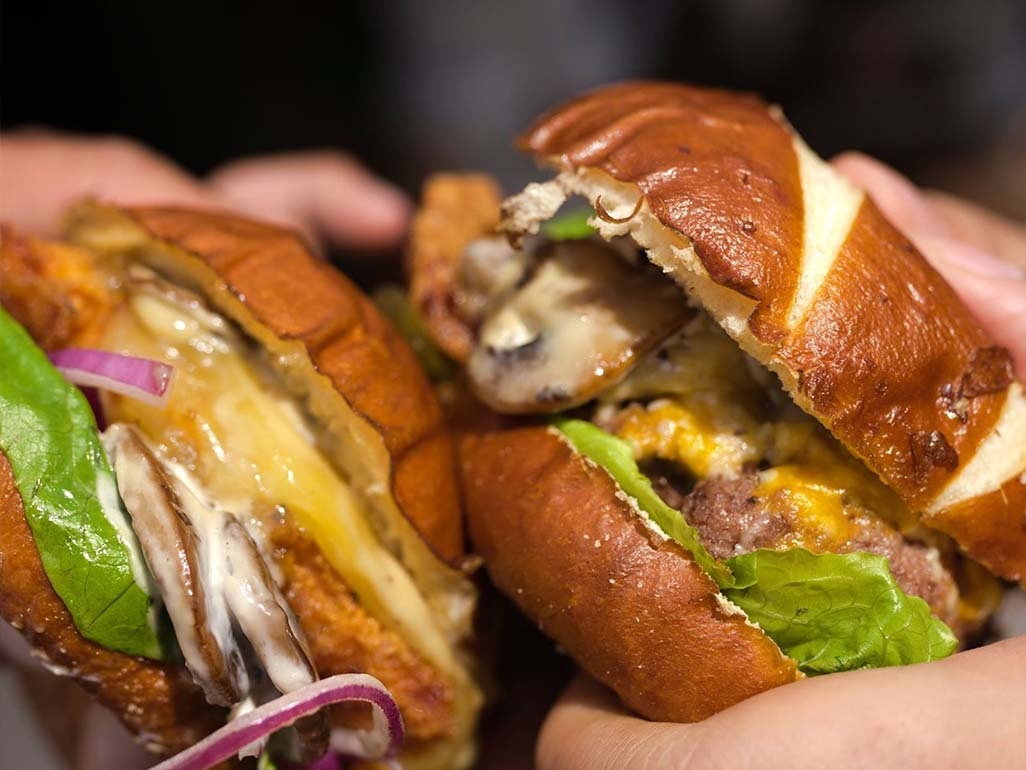 Beef burger with cheese, lettuce and mushrooms