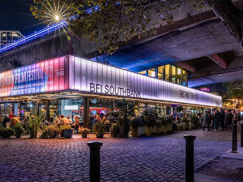 BFI Southbank at night time with neon lights