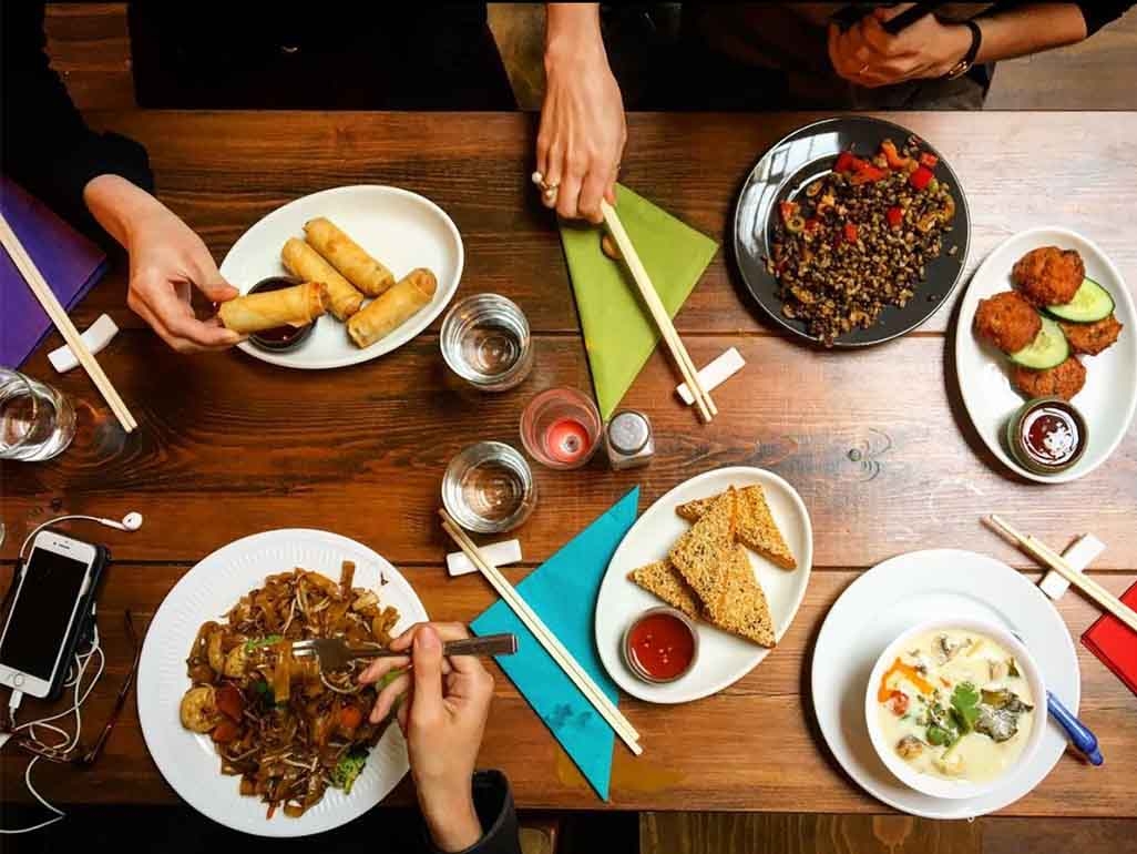 Prawn toast, spring rolls and prawn noodles
